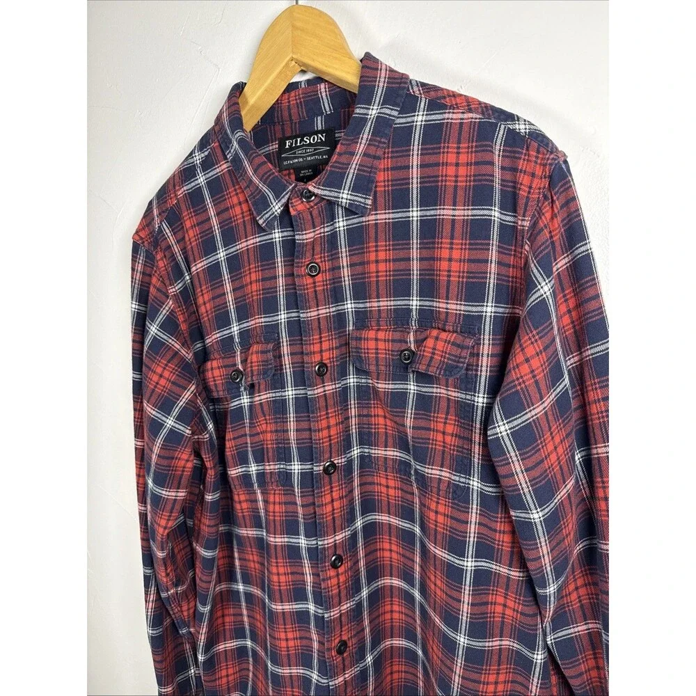 Filson Scout Button Up Shirt Flannel Plaid Shirt Size Large Red White Blue